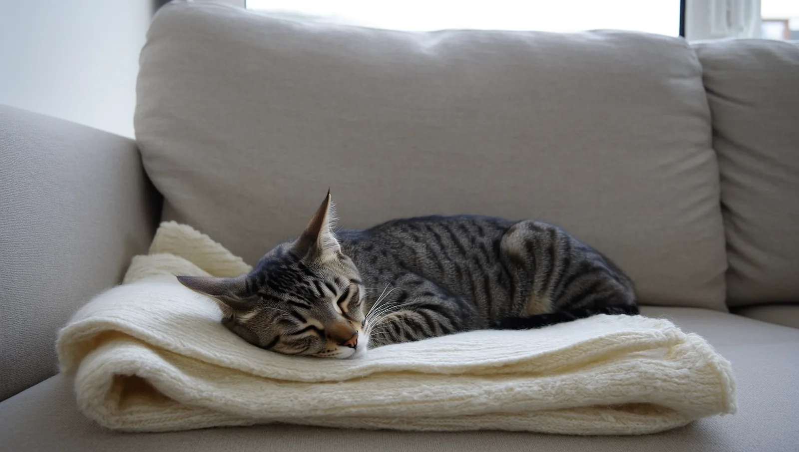 Tabby cat asleep on a white blanket on a sofa