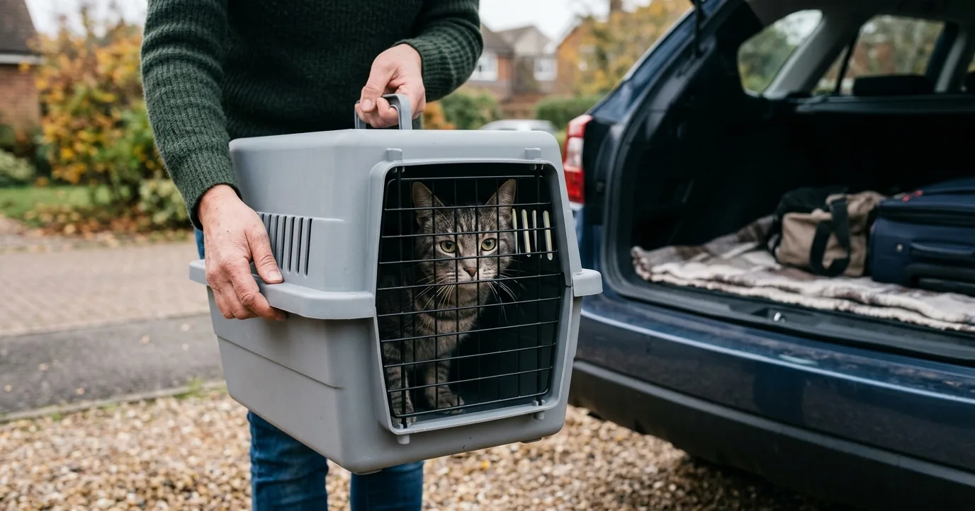 Person carrying a cat in a pet carrier beside a car