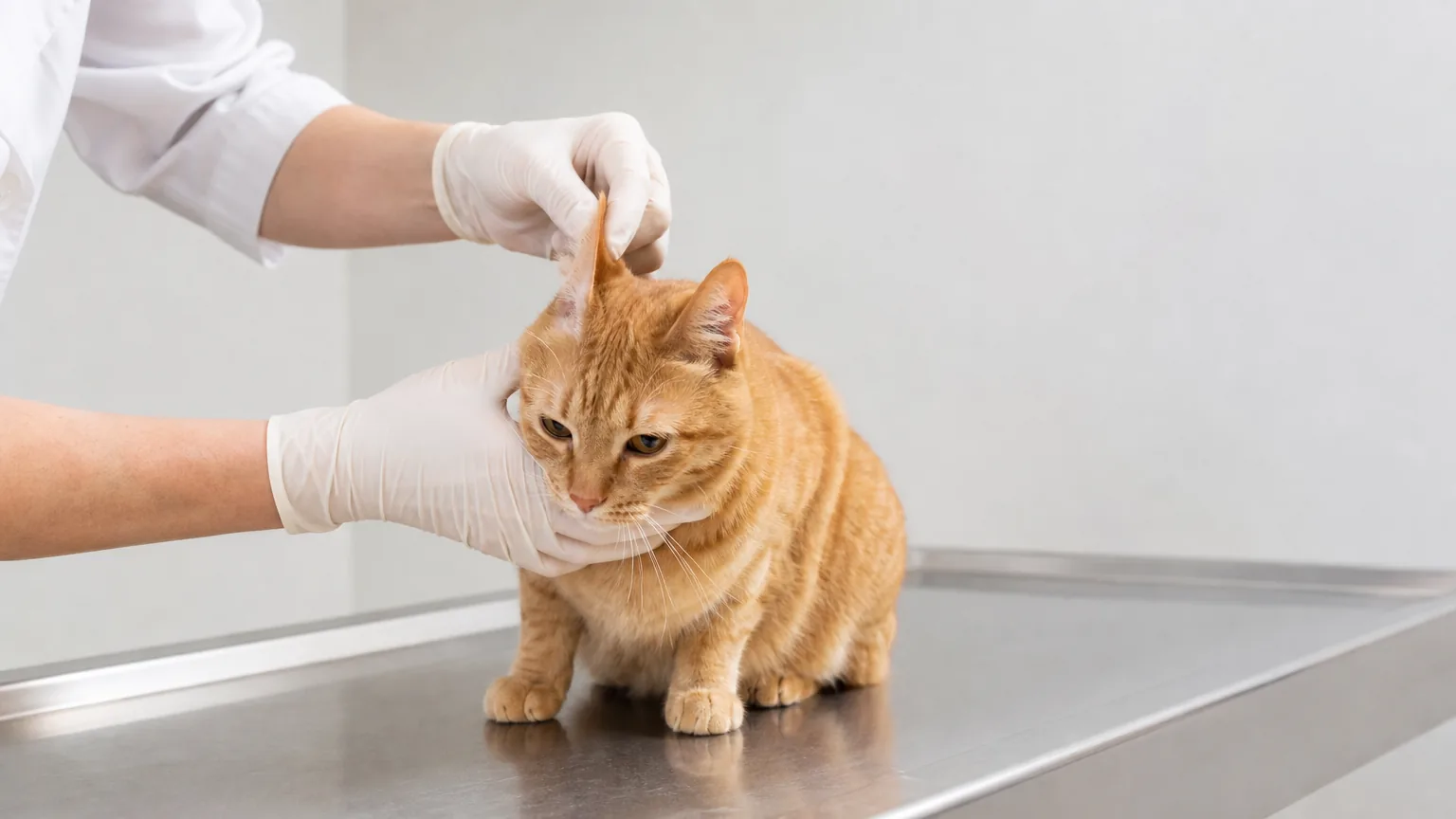Veterinarian in gloves examining a ginger cat