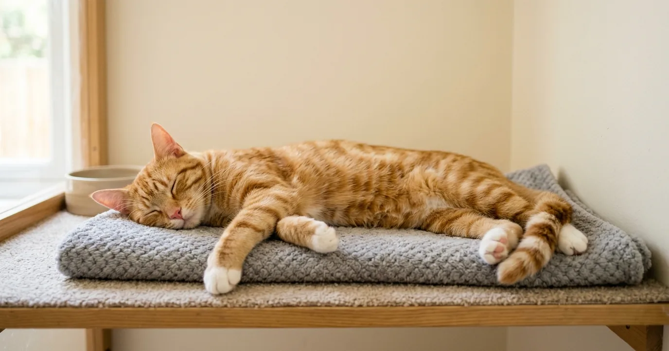 Ginger tabby cat asleep on a blanket on a shelf