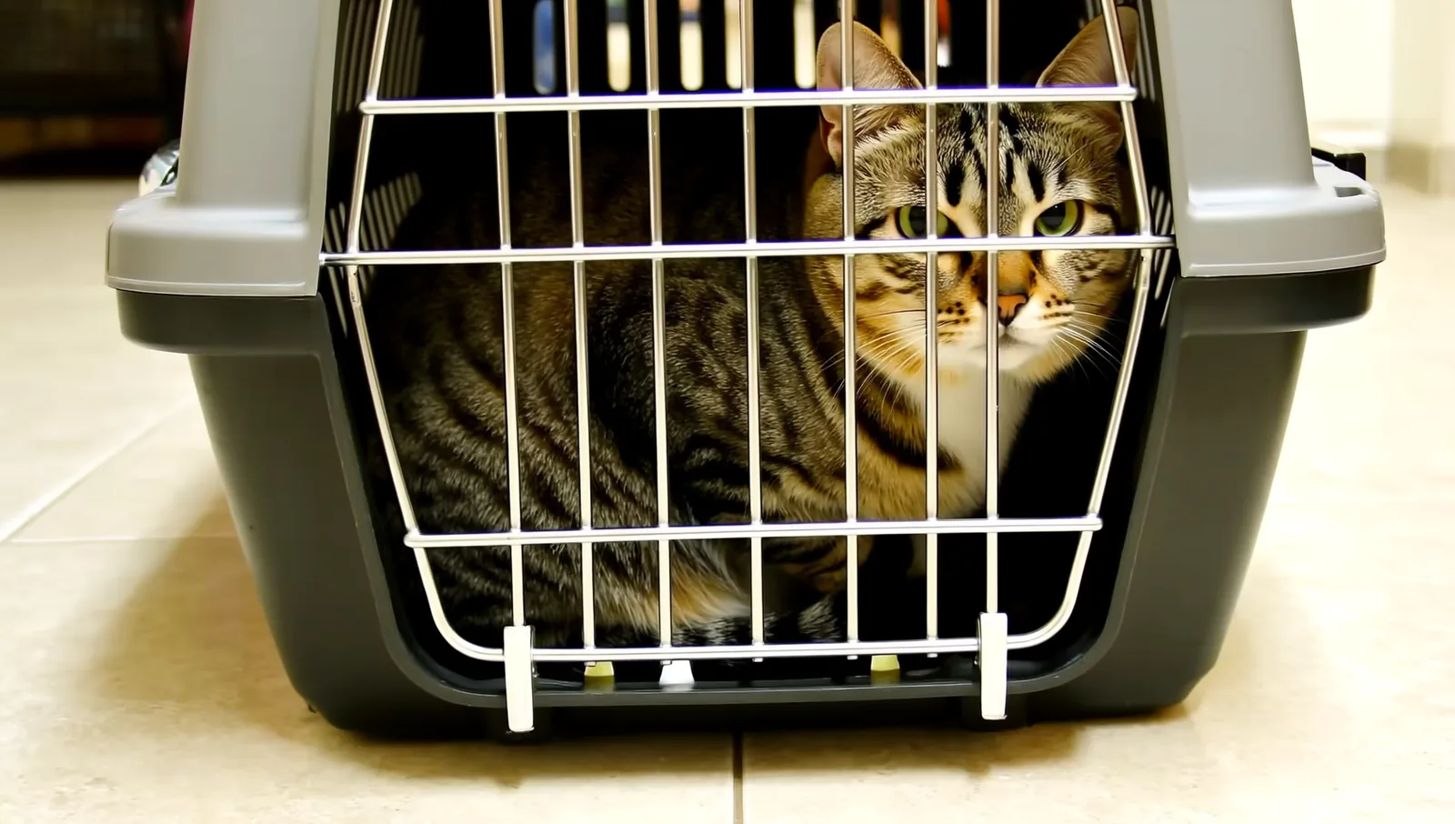 Tabby cat inside a pet carrier behind a wire door