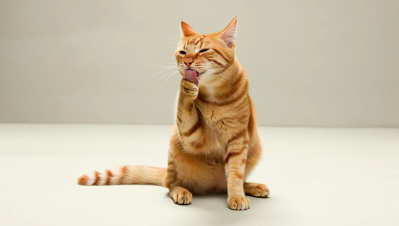 Ginger tabby cat sitting and licking a front paw