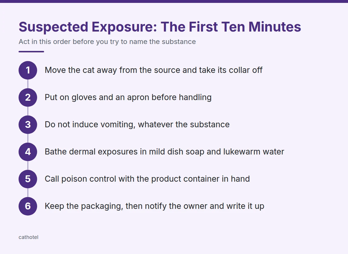 Summary card: the first ten minutes of a suspected exposure