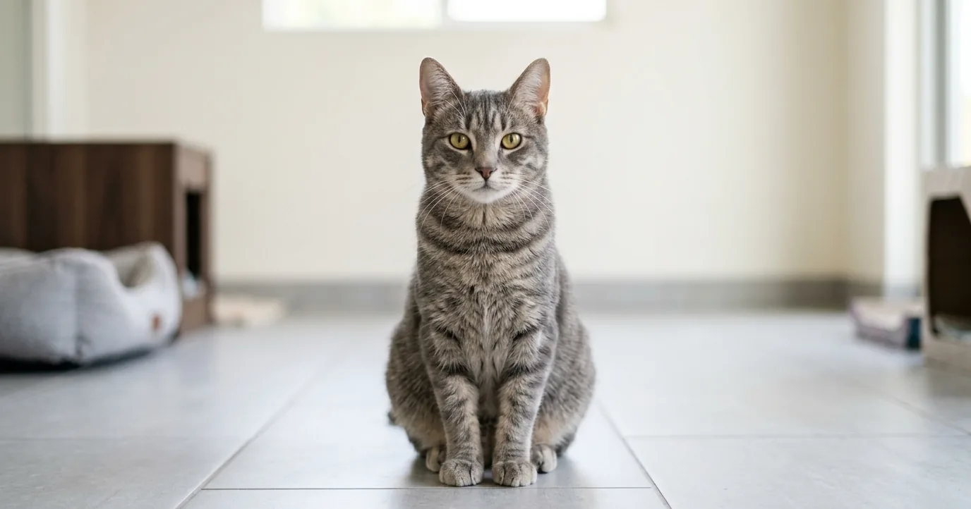 Grey tabby cat sitting on a clean tiled floor