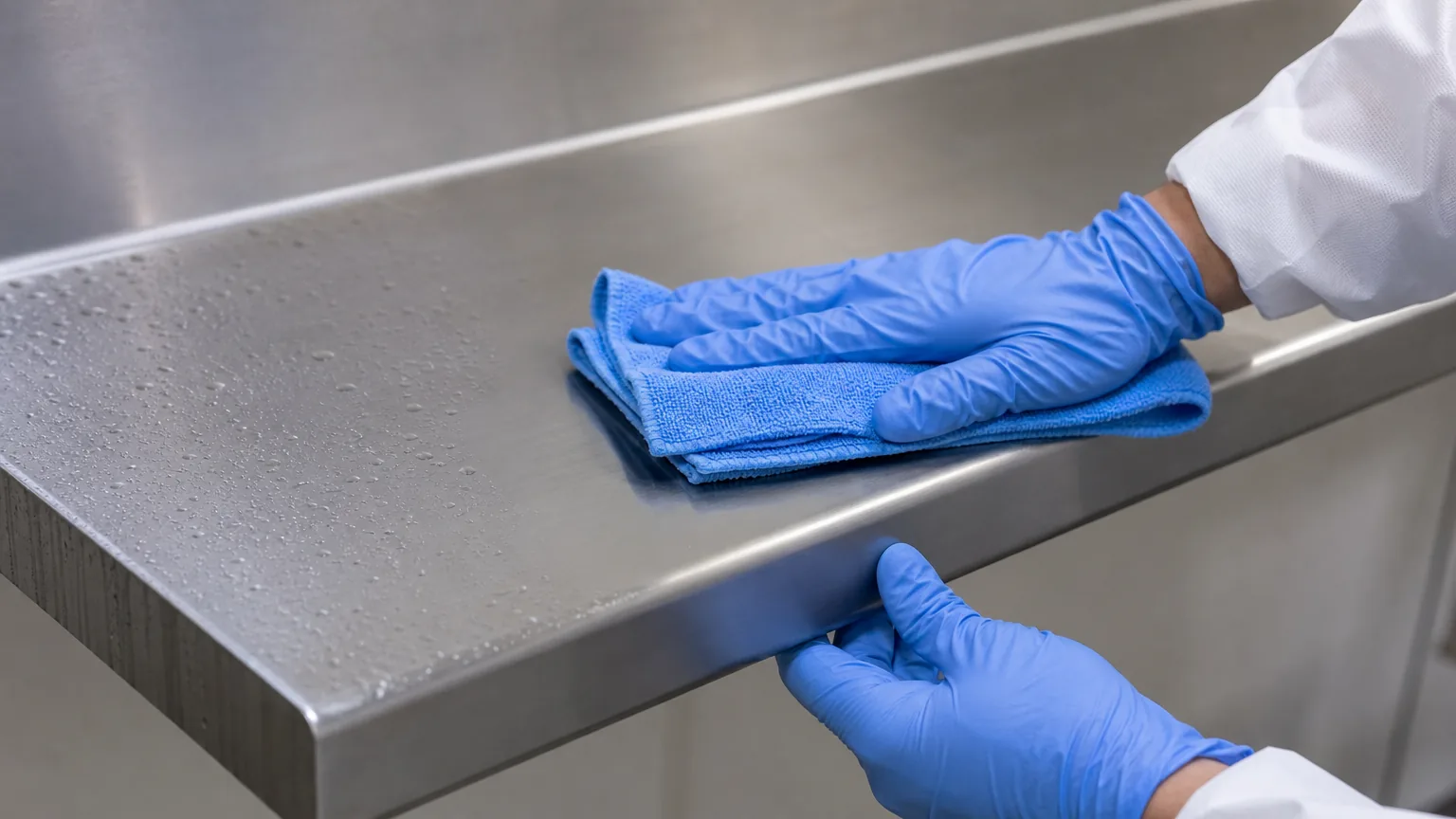 Gloved hands wiping a stainless steel counter