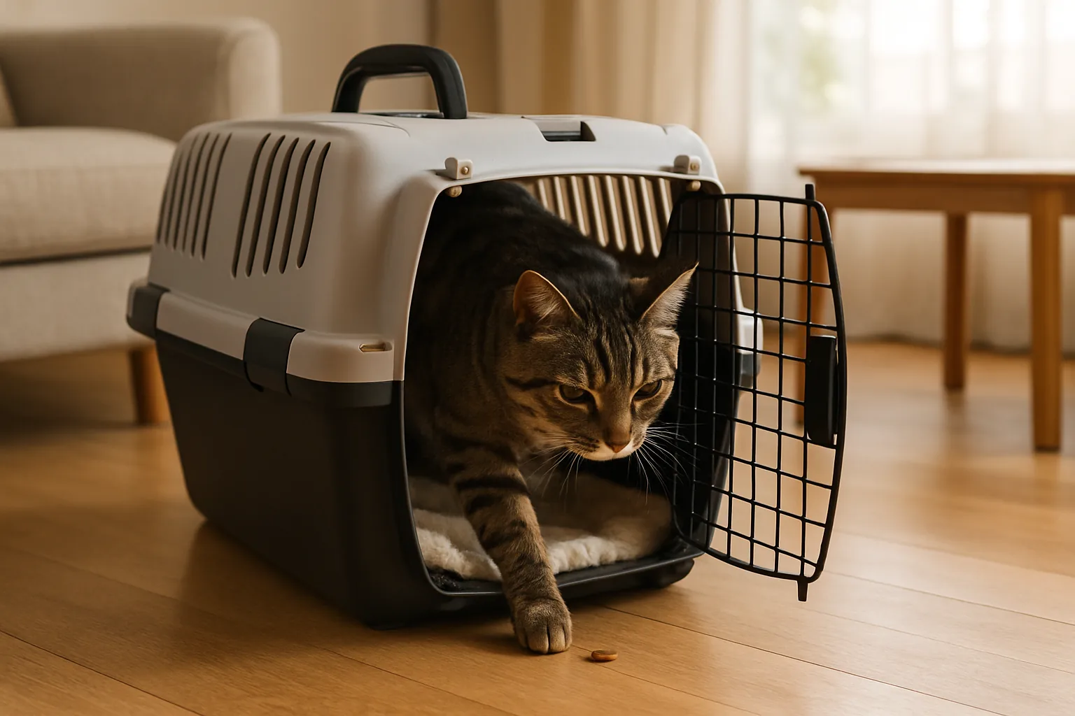 A brown tabby cat stepping through the open wire door of a hard-sided carrier on a living room floor, a soft blanket lining the base and a treat set on the floor as a lure.
