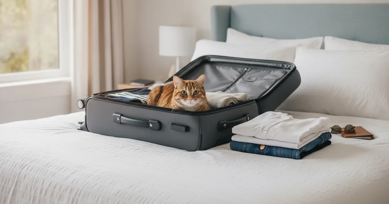 An orange tabby cat sitting in an open half-packed suitcase on a made bed, folded clothes stacked beside it in a sunlit bedroom.
