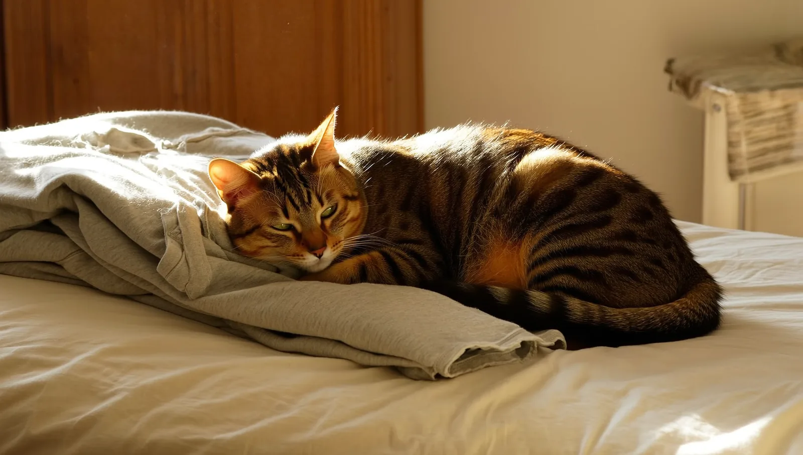 A brown tabby cat resting its head on a soft folded blanket on a bed in warm natural light.