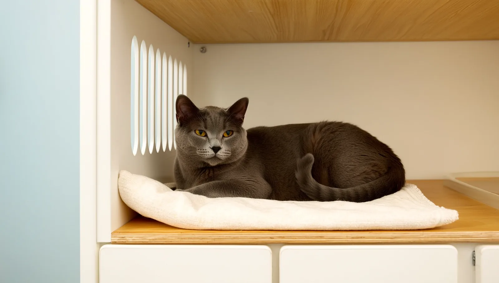 A calm gray cat resting on a wooden shelf in a clean, bright boarding suite.