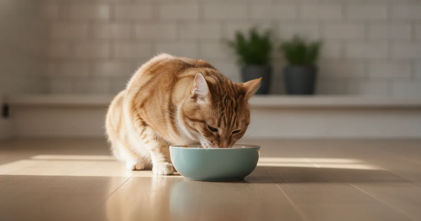 A healthy tabby cat eating wet food from a ceramic bowl in soft natural light.