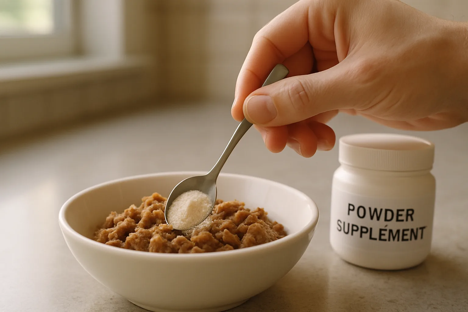 A hand stirring a powdered supplement into a bowl of wet cat food.