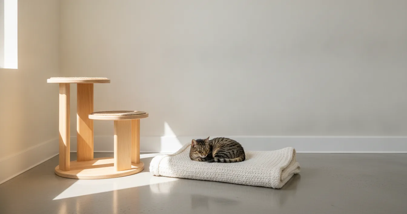 A calm tabby cat resting on a folded blanket inside a bright, clean boarding suite.