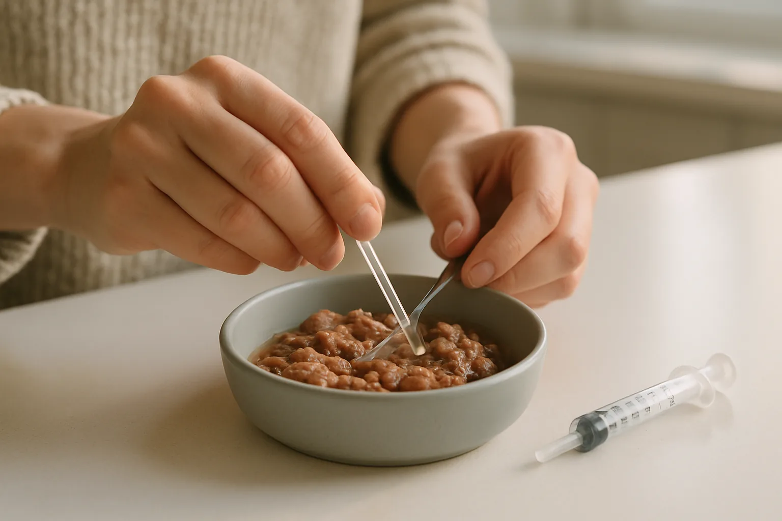 A person's hands mixing a small measured dose of medication into a bowl of wet cat food on a kitchen counter.