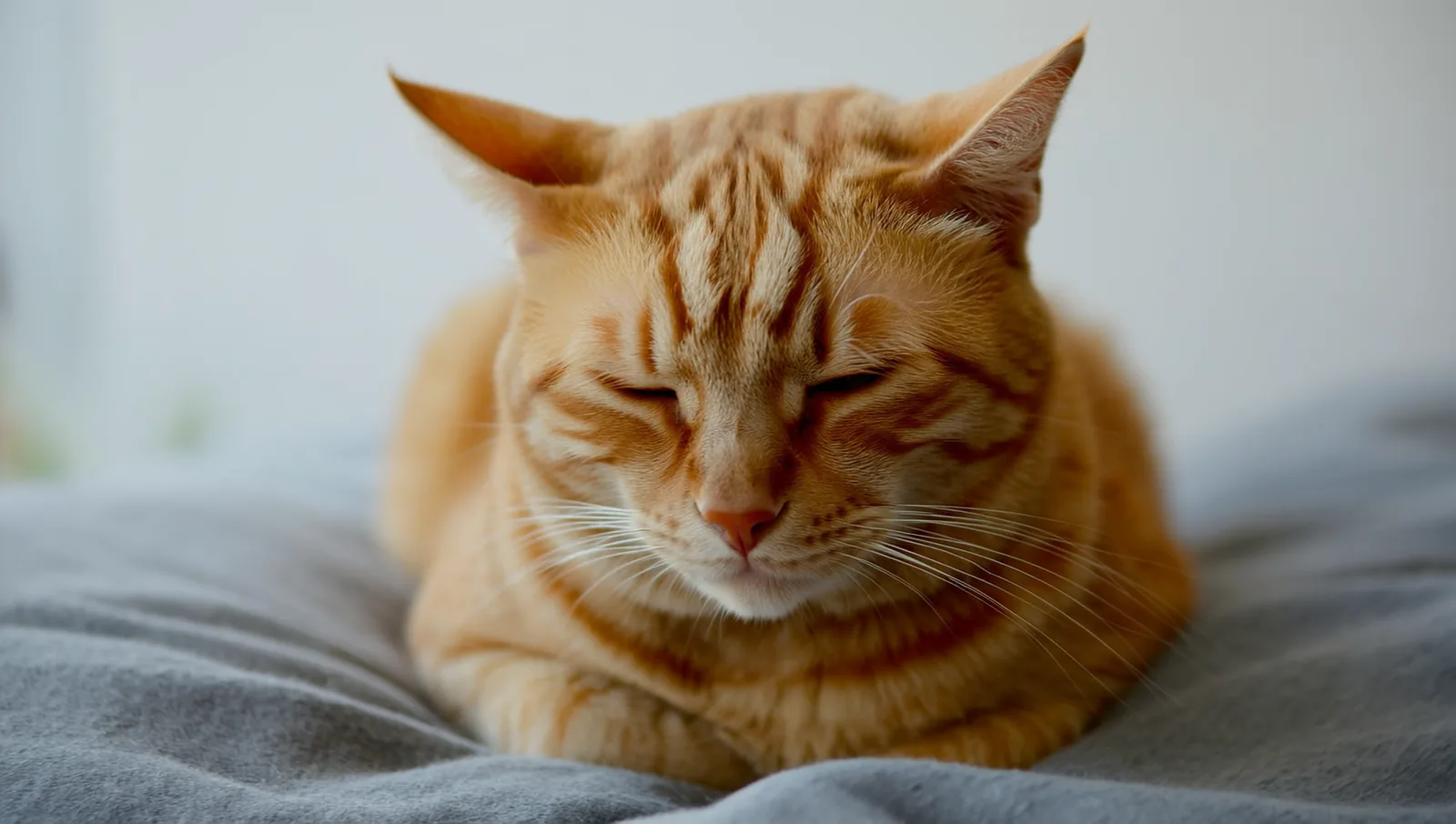 A ginger cat resting on a soft grey blanket with both eyes squinted shut in soft natural light.