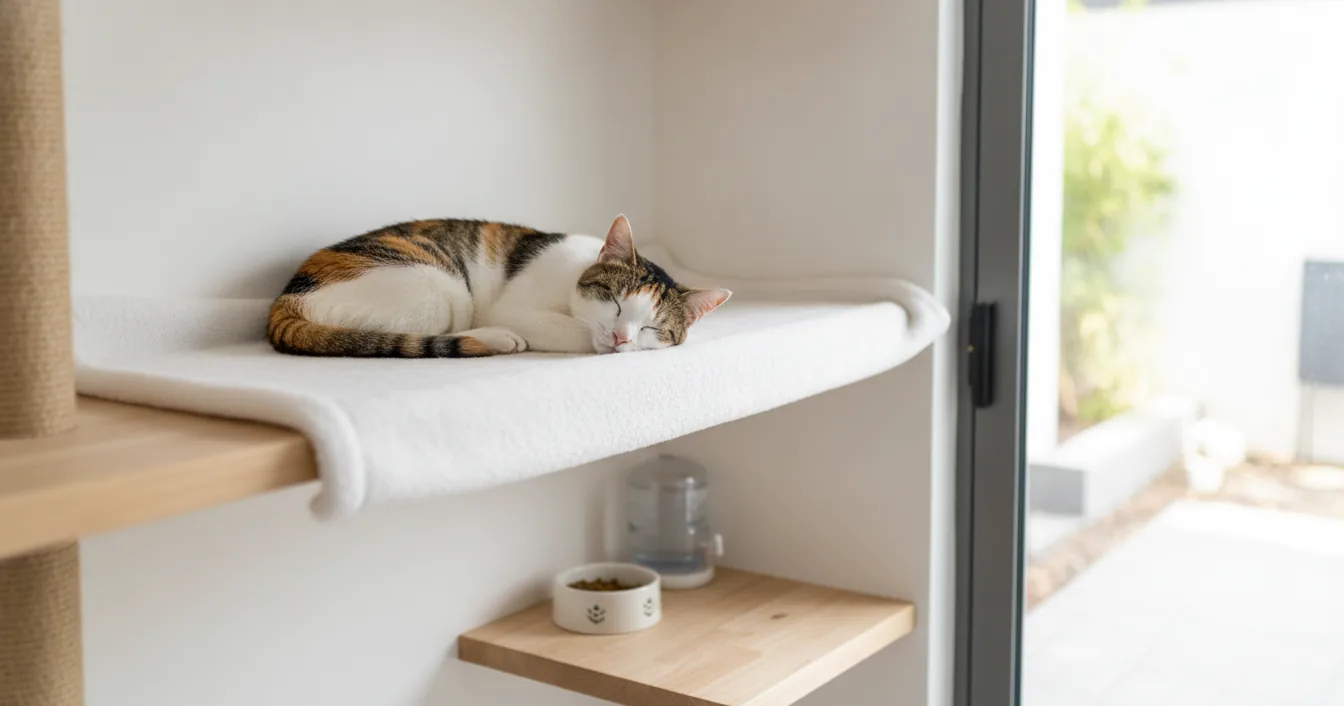 A calm cat resting in a clean, modern private boarding suite, the kind of low-density setup that limits virus spread.