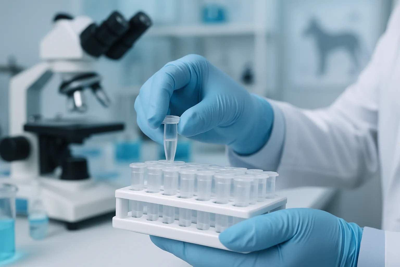 A gloved researcher handling a sample tube in a veterinary laboratory, the kind of genetic surveillance work behind the Cornell coronavirus findings.