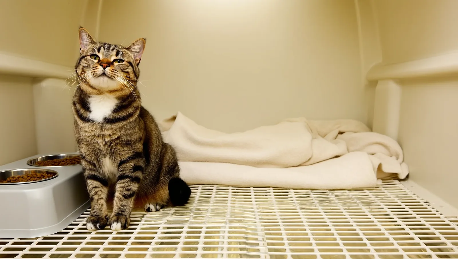 A content cat resting in a clean, private boarding enclosure with its own bedding and litter tray, the low-density setup that limits fecal-oral virus spread.