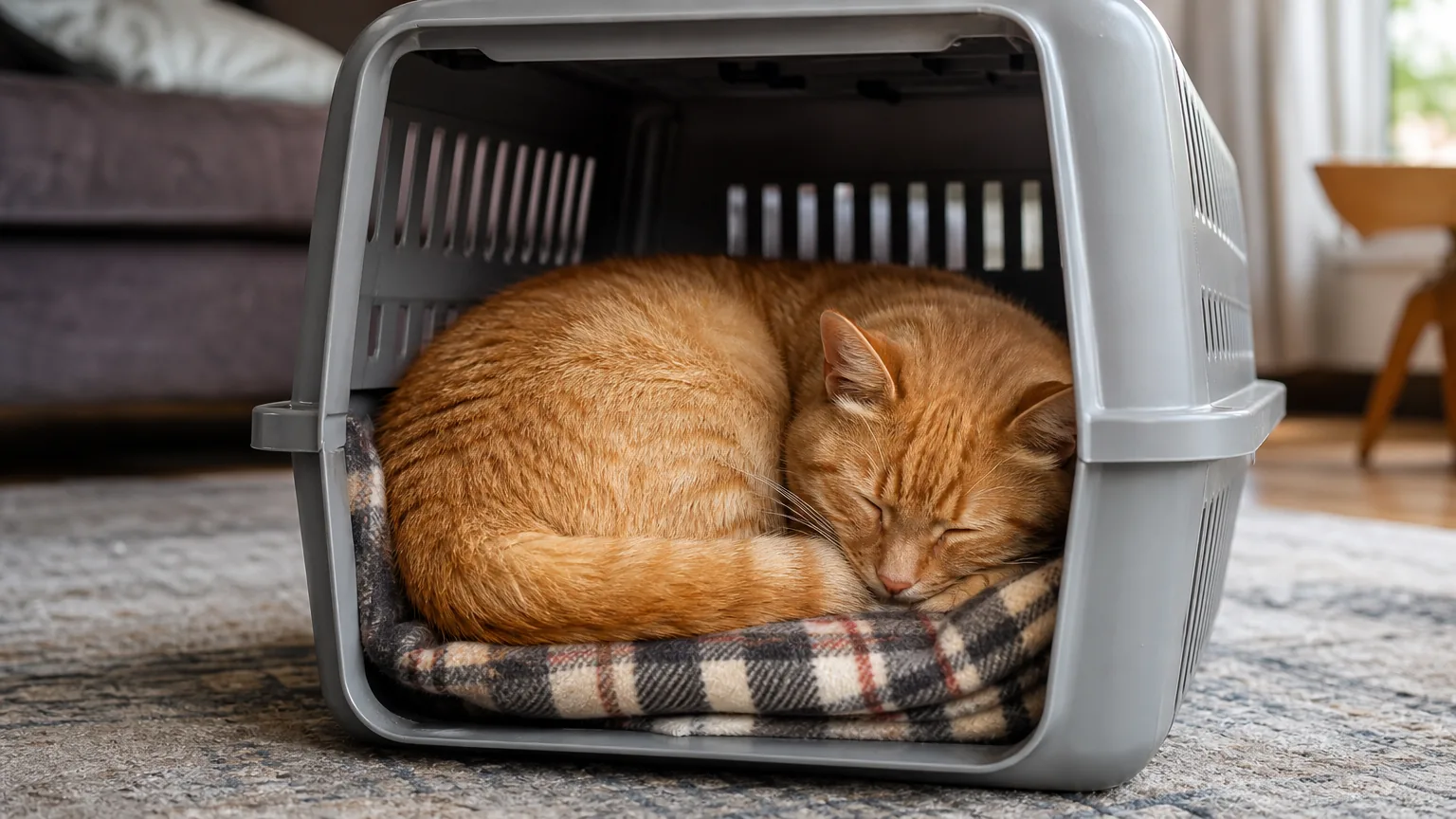 Ginger cat asleep inside an open pet carrier