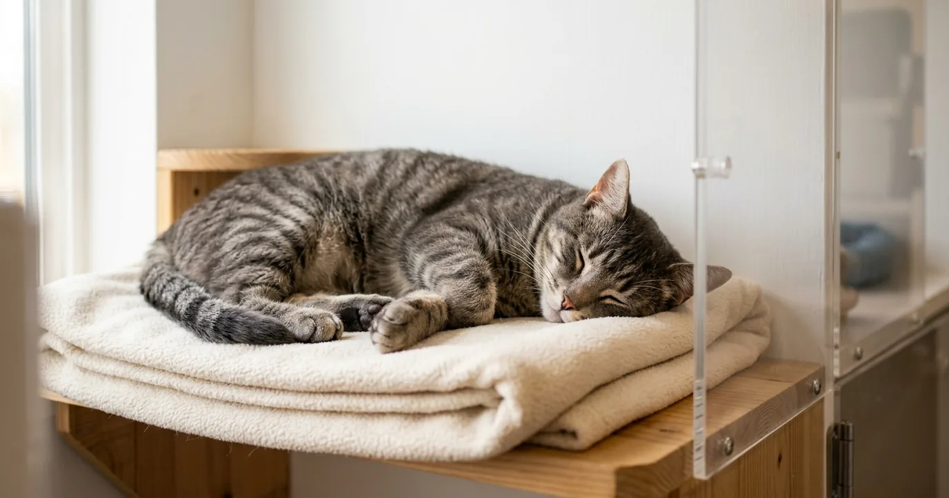 Tabby cat asleep on a blanket in a boarding suite