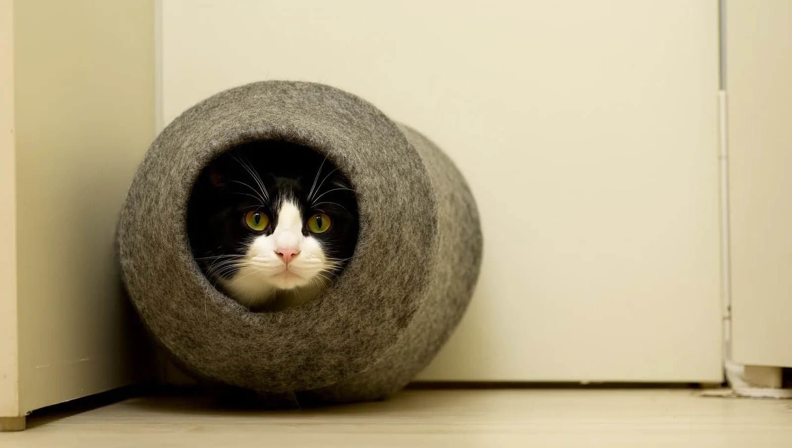 Black and white cat peeking out of a felt cat bed