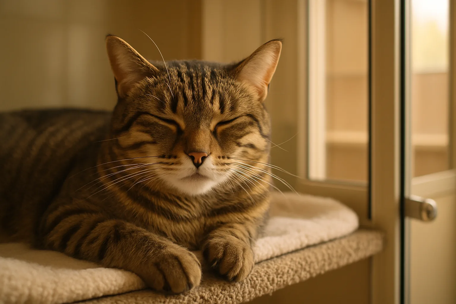 A relaxed tabby cat dozing on a fleece-padded shelf inside a glass-fronted cat boarding suite, lit by warm natural light.