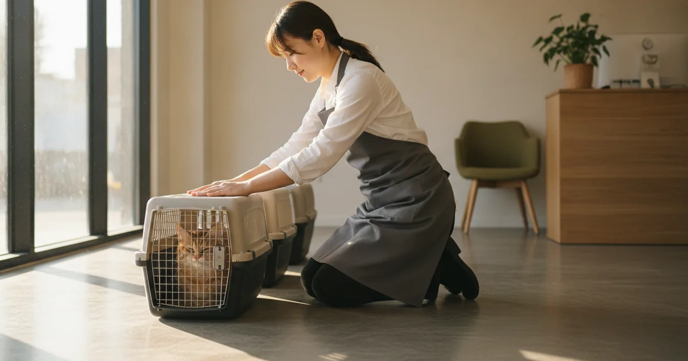 A cat hotel attendant kneeling beside three hard-sided pet carriers at a bright reception area, with a tabby cat looking out through the front grille of the nearest carrier.