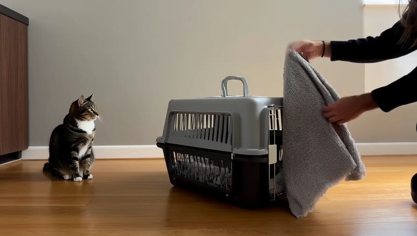 A person folding a soft grey fleece blanket into an open hard-sided cat carrier on a wooden floor, with a tabby cat sitting nearby watching.