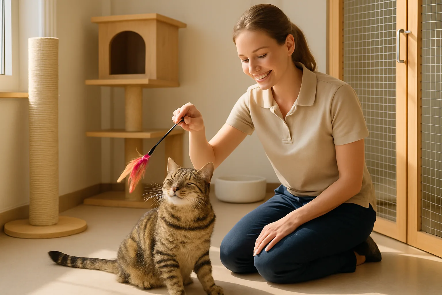 A cat hotel attendant kneeling to play gently with a content tabby cat using a feather wand toy in a bright suite.