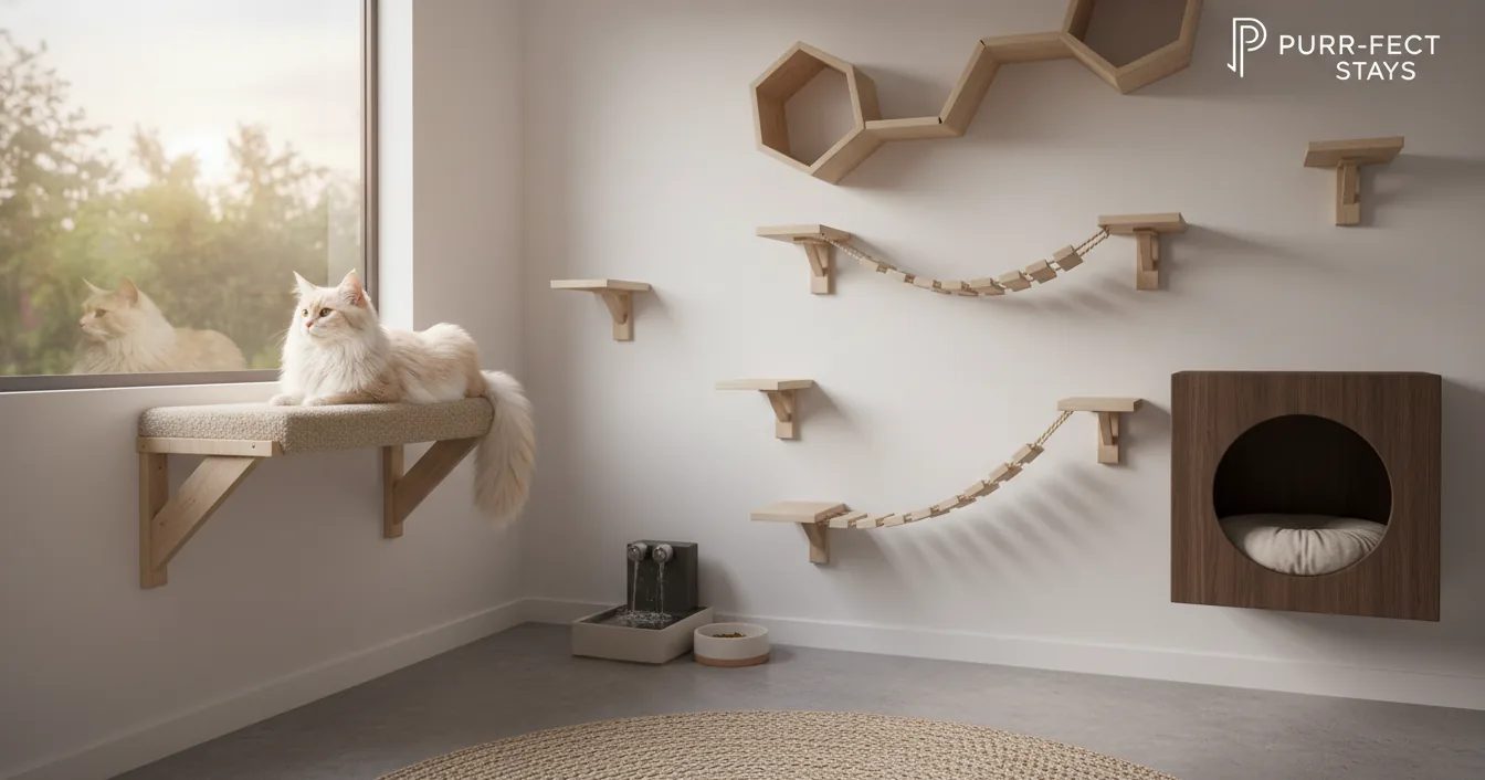 A calm long-haired cat lounging on a carpeted perch beside a sunlit window in a modern cat boarding suite.