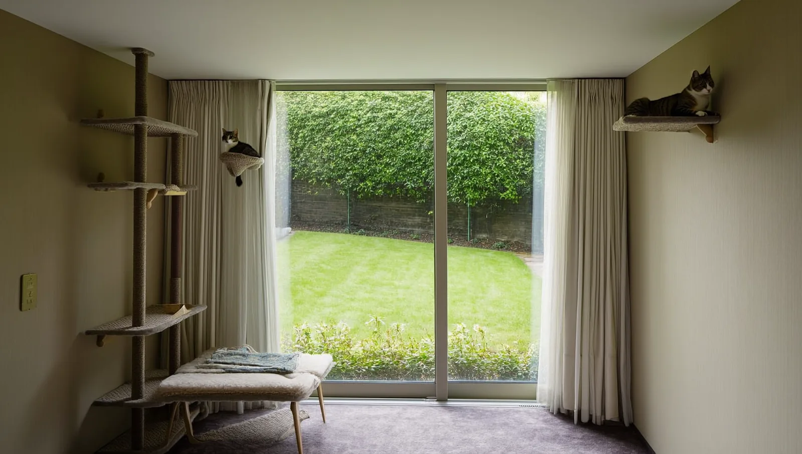 Floor-to-ceiling carpeted climbing shelves and perches beside a sunlit window in a calm cat boarding suite.