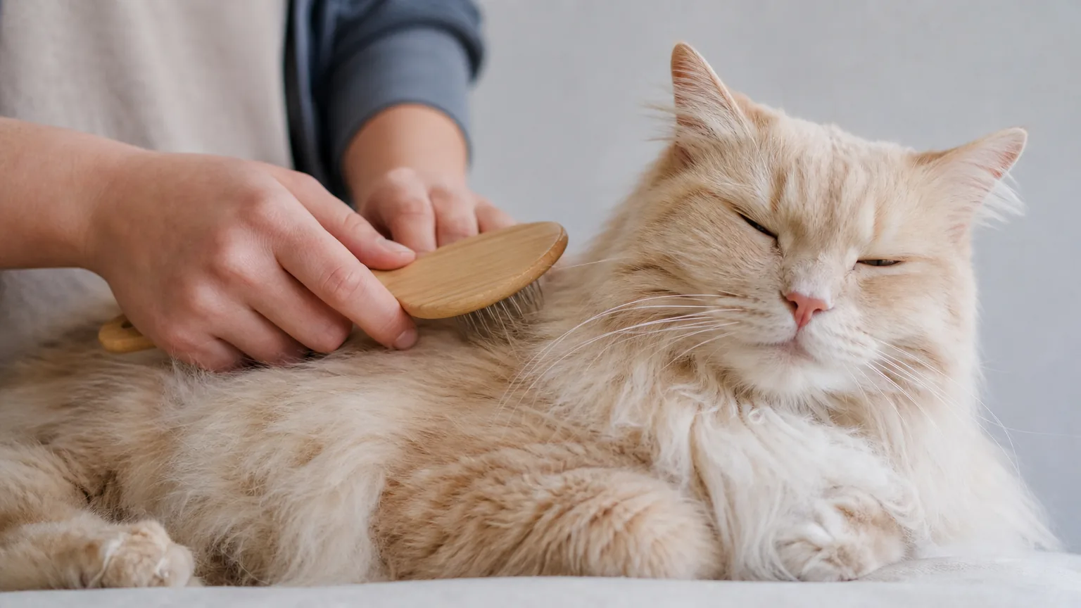 Hands brushing a cream long-haired cat