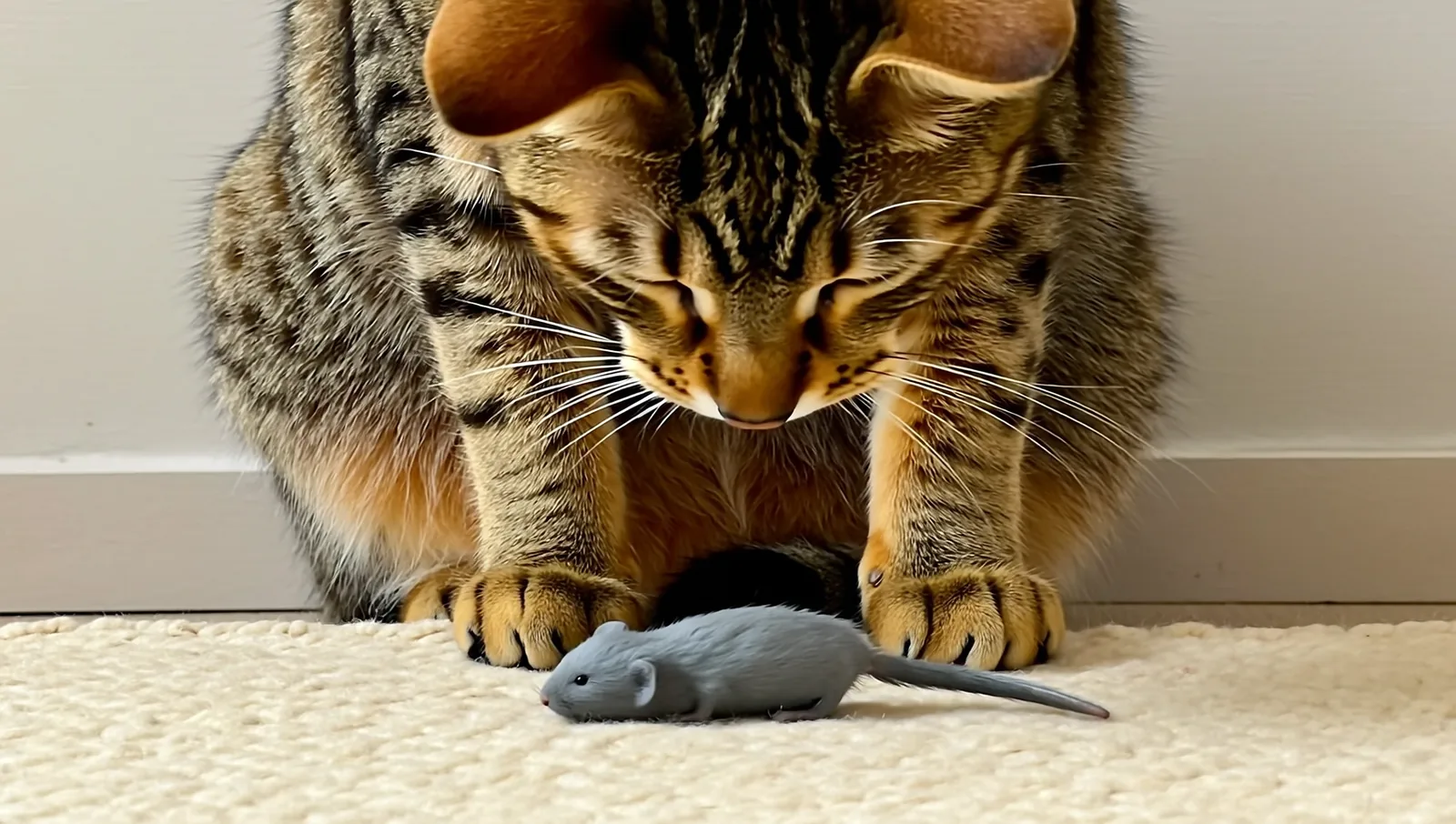 Tabby cat crouched over a grey toy mouse on a rug