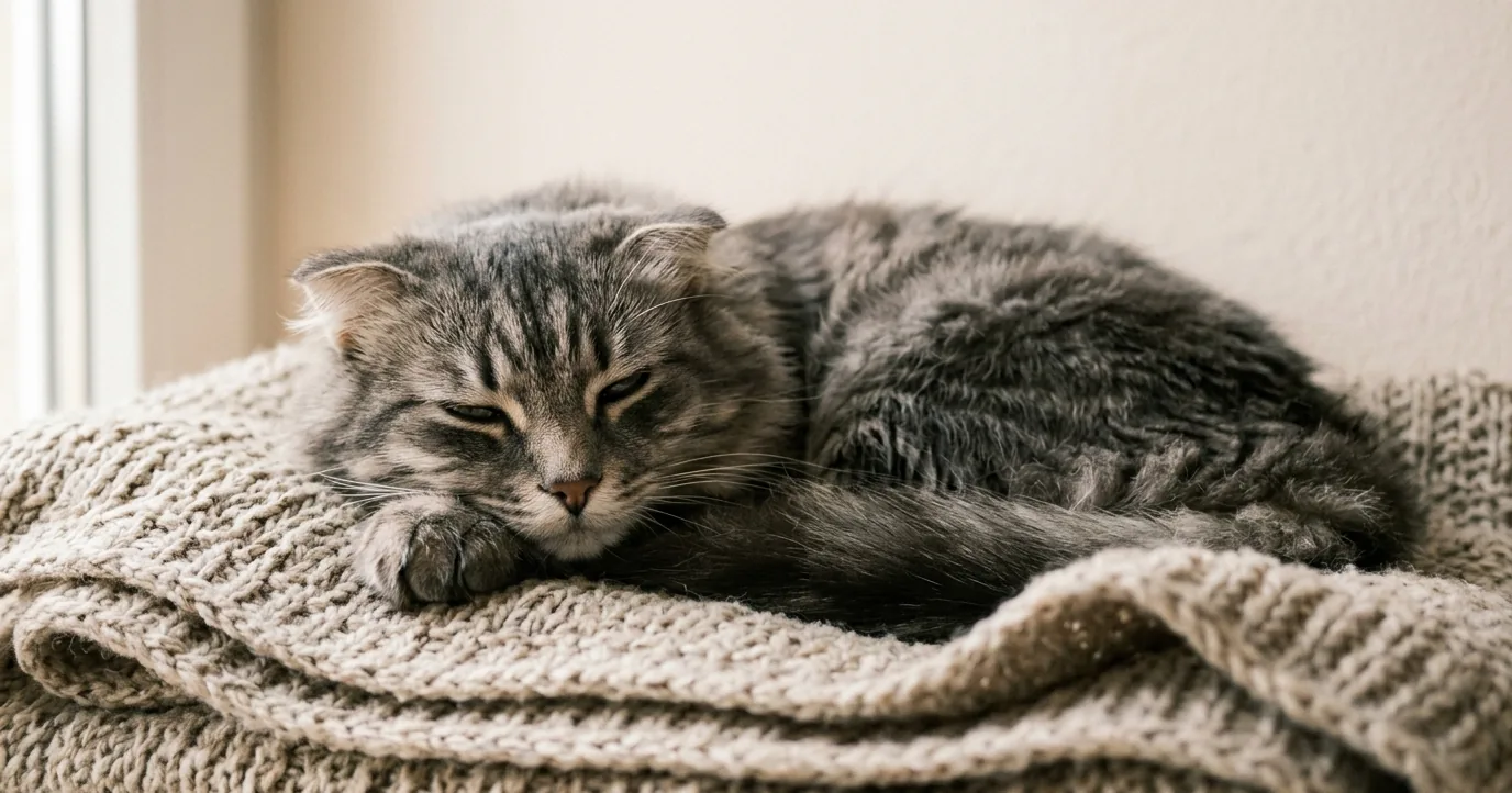 Grey long-haired cat curled asleep on a knitted blanket