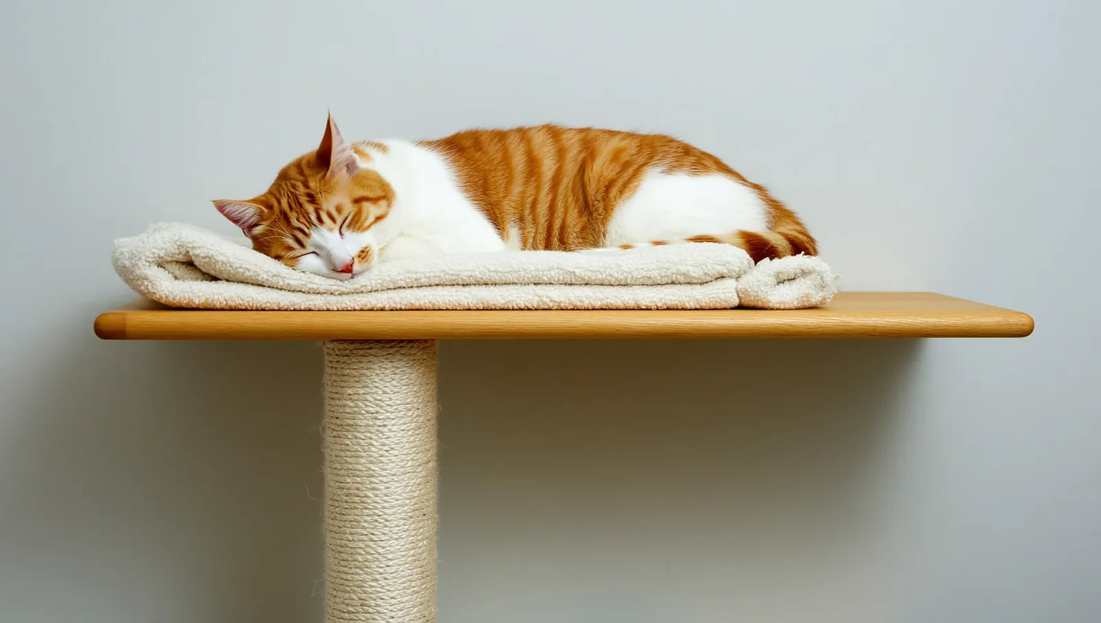 A ginger and white cat asleep on a blanket on a wooden shelf
