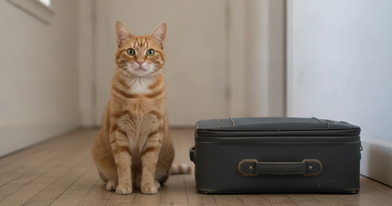 A ginger cat sitting beside a closed suitcase on a wooden floor
