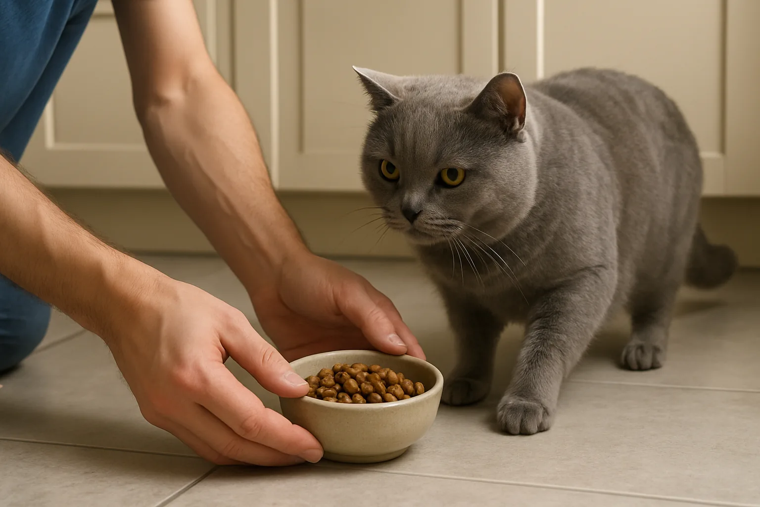 A hand setting a bowl of food down as a grey cat approaches