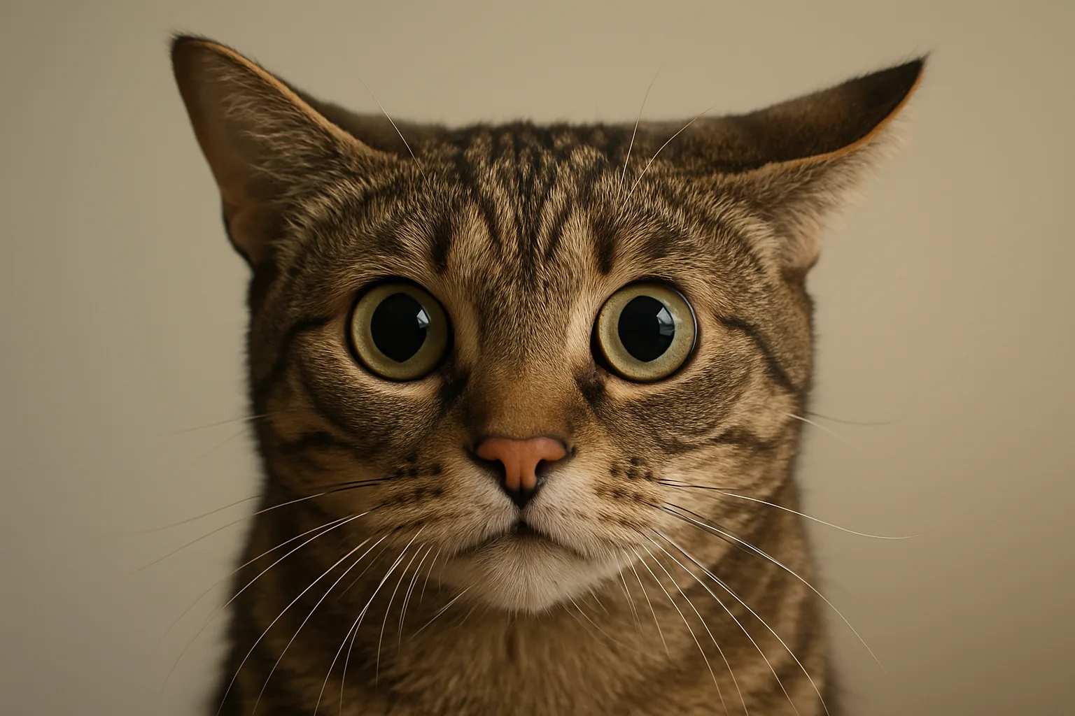 A cat with dilated pupils and ears turned to the side, showing the tense facial signals of feline stress.