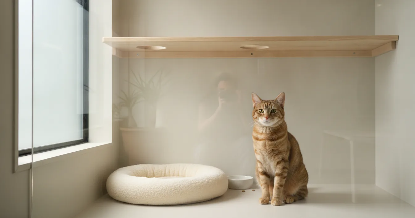 A calm tabby cat sitting in a bright cat boarding suite with a soft bed and a raised wooden shelf.