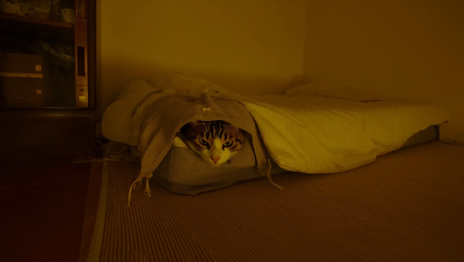 A cat peeking out from a covered cave bed, using a hiding spot to feel safe and settle.