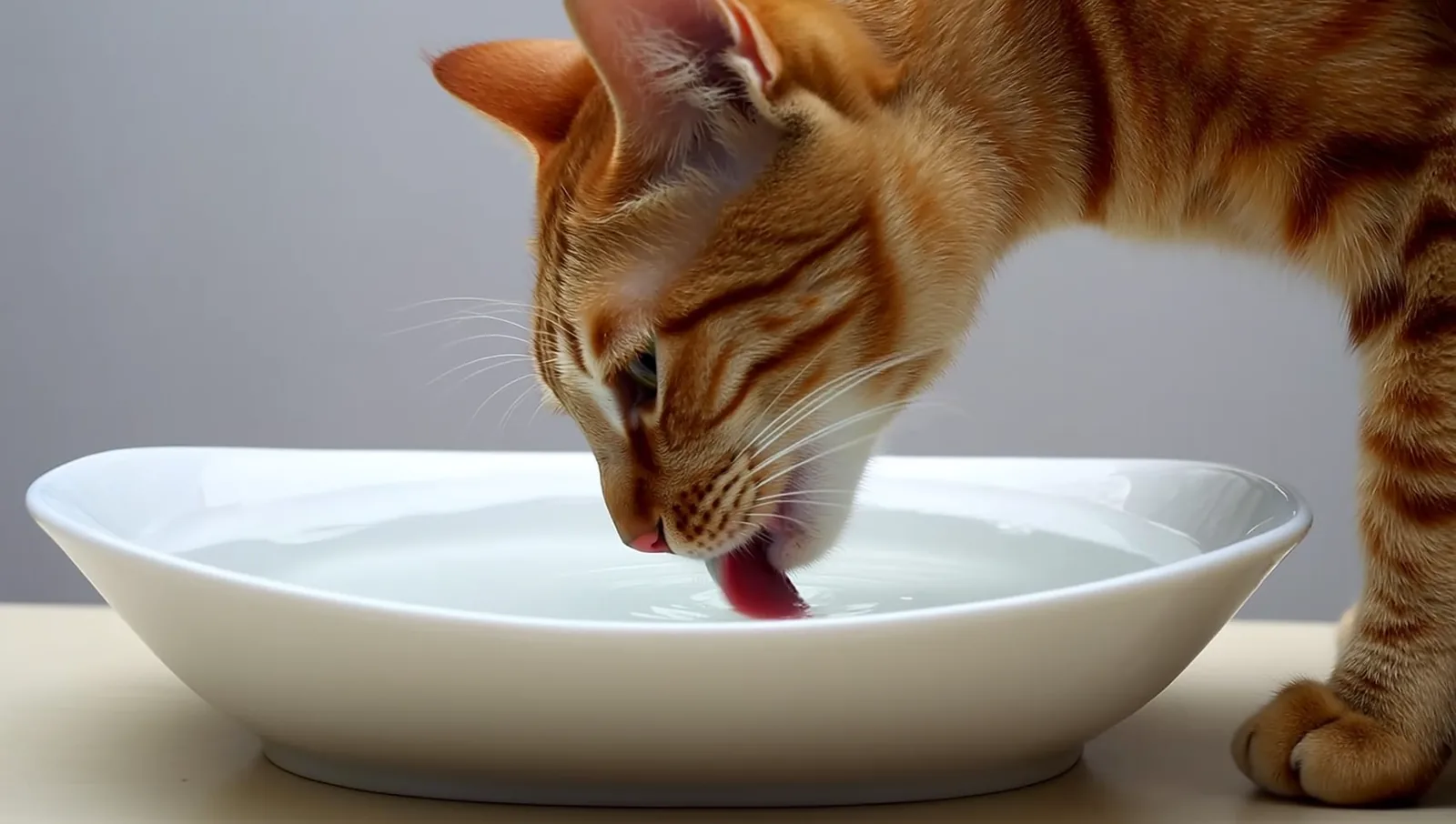 Ginger cat lapping water from a white bowl