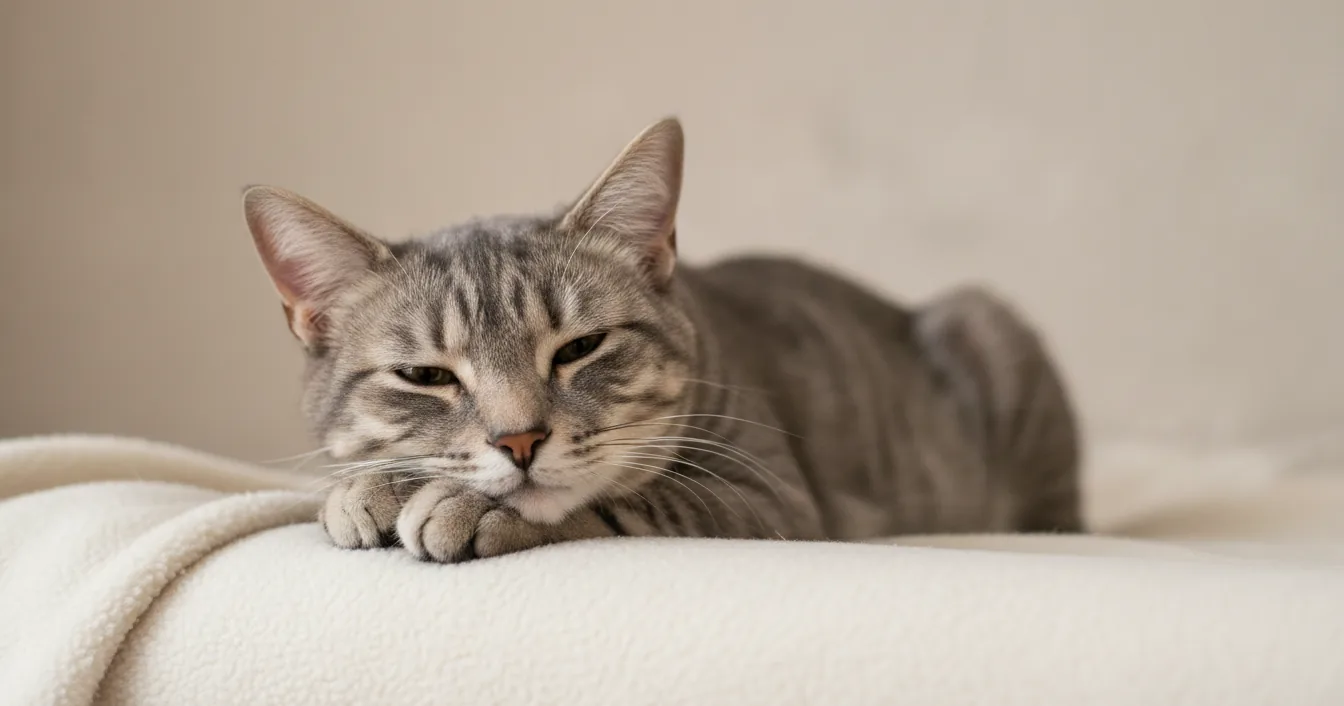 Grey tabby cat resting on a cream blanket