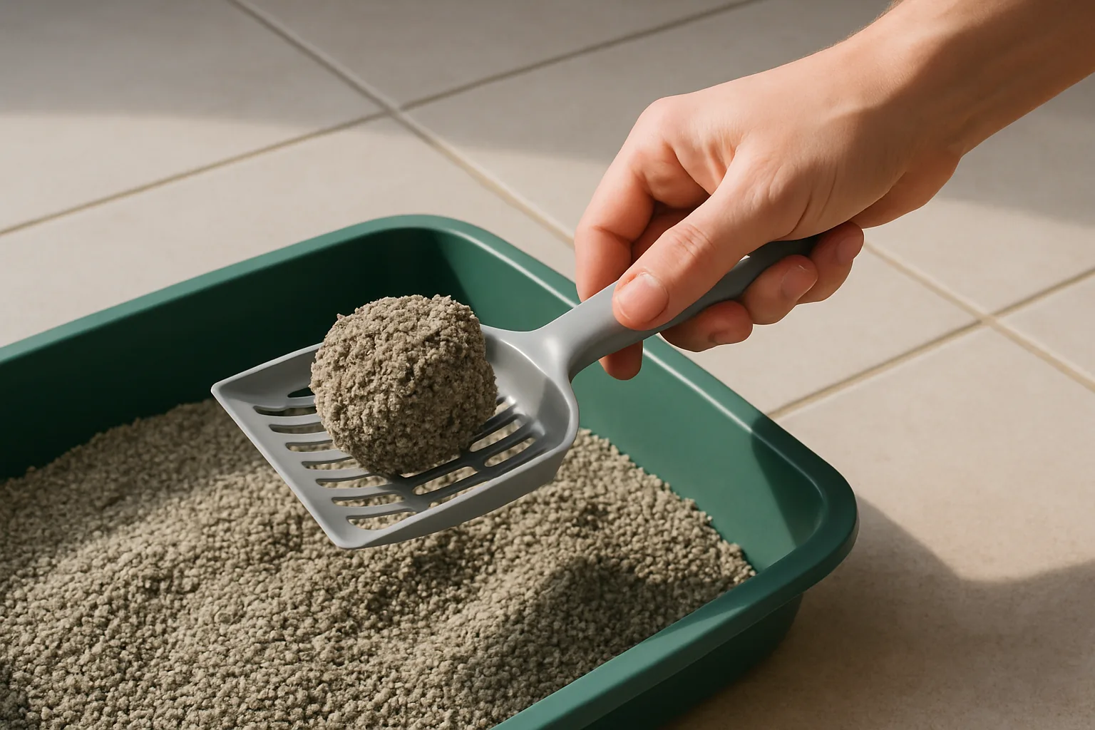 Hand scooping a clump from a cat litter tray