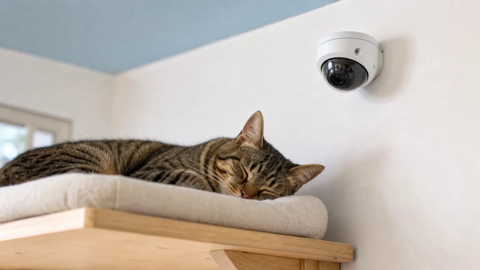 Tabby cat asleep below a wall-mounted camera