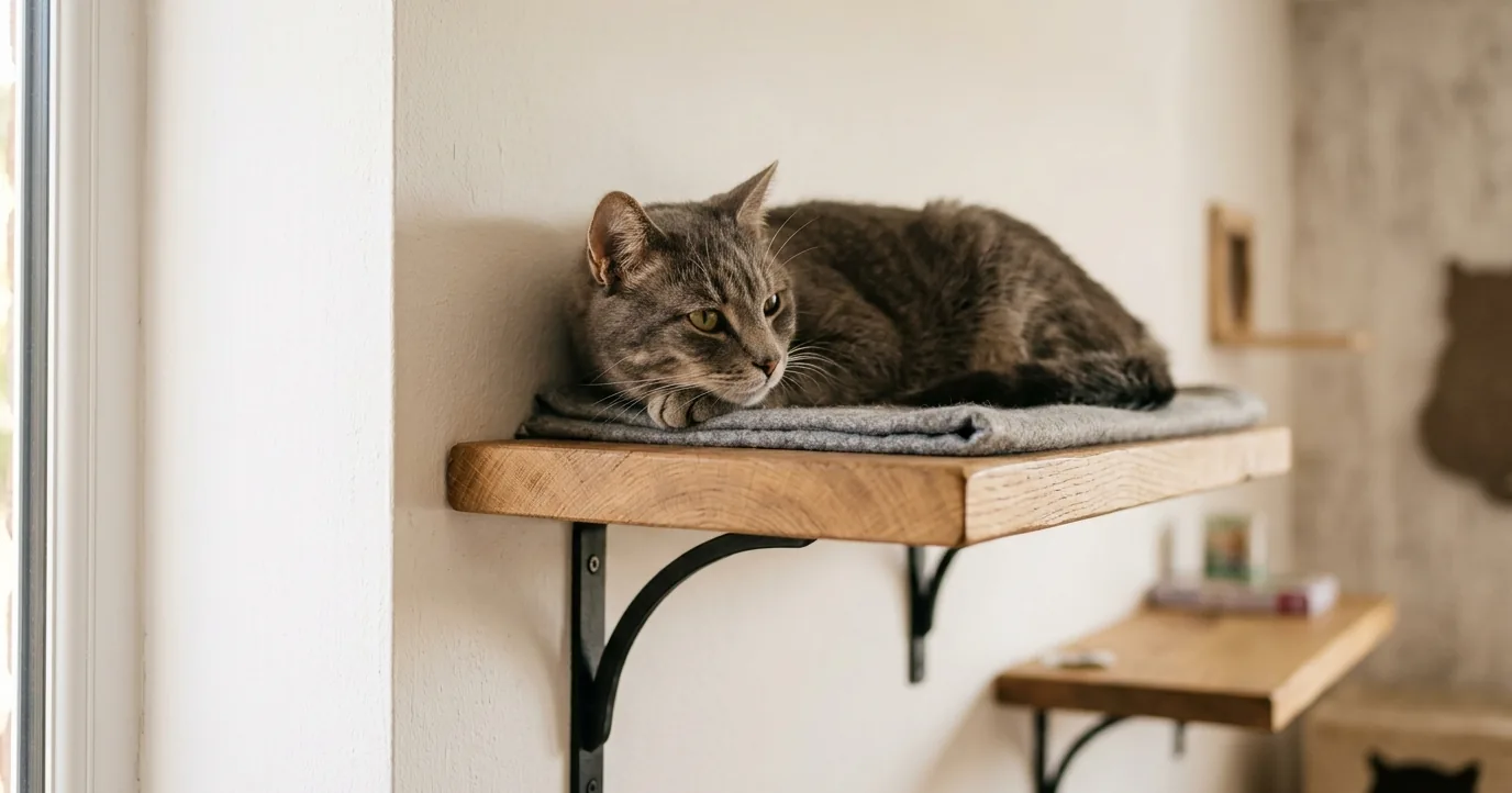 Grey tabby cat resting on a wooden wall shelf
