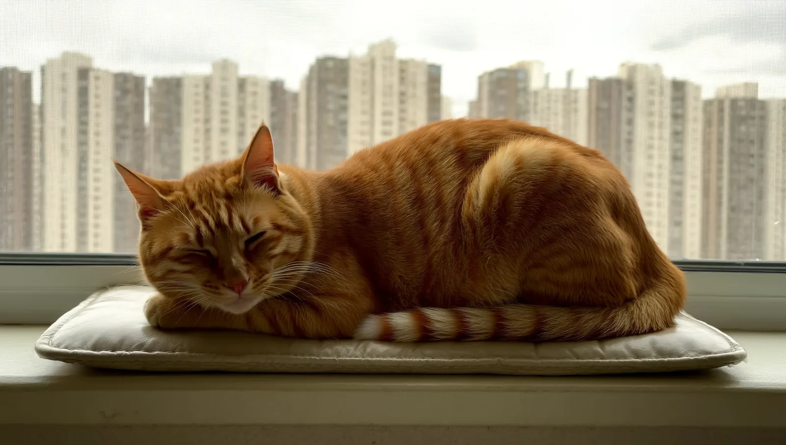 Ginger cat on a window ledge above tower blocks