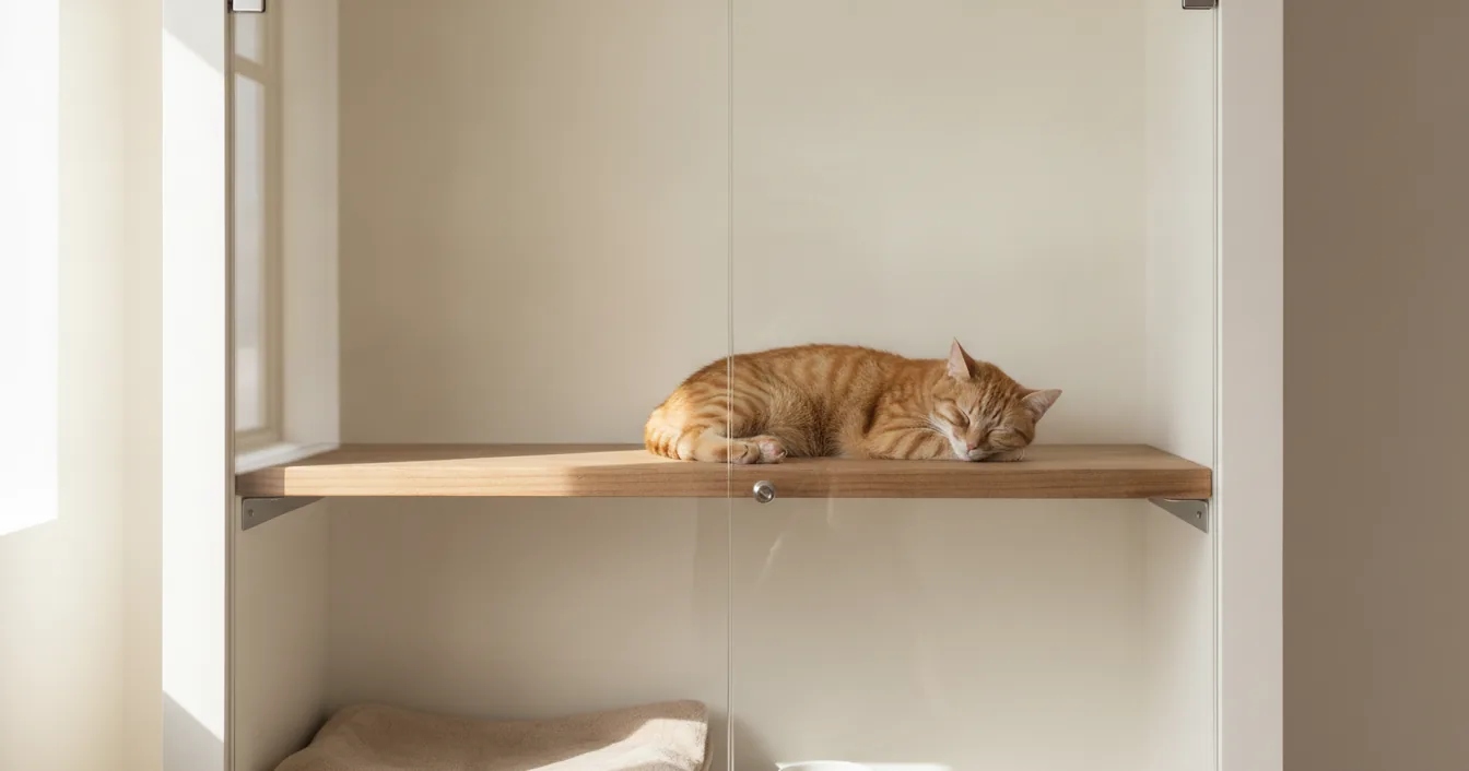 A ginger tabby cat asleep on a wooden shelf inside a bright, glass-fronted cat boarding suite.