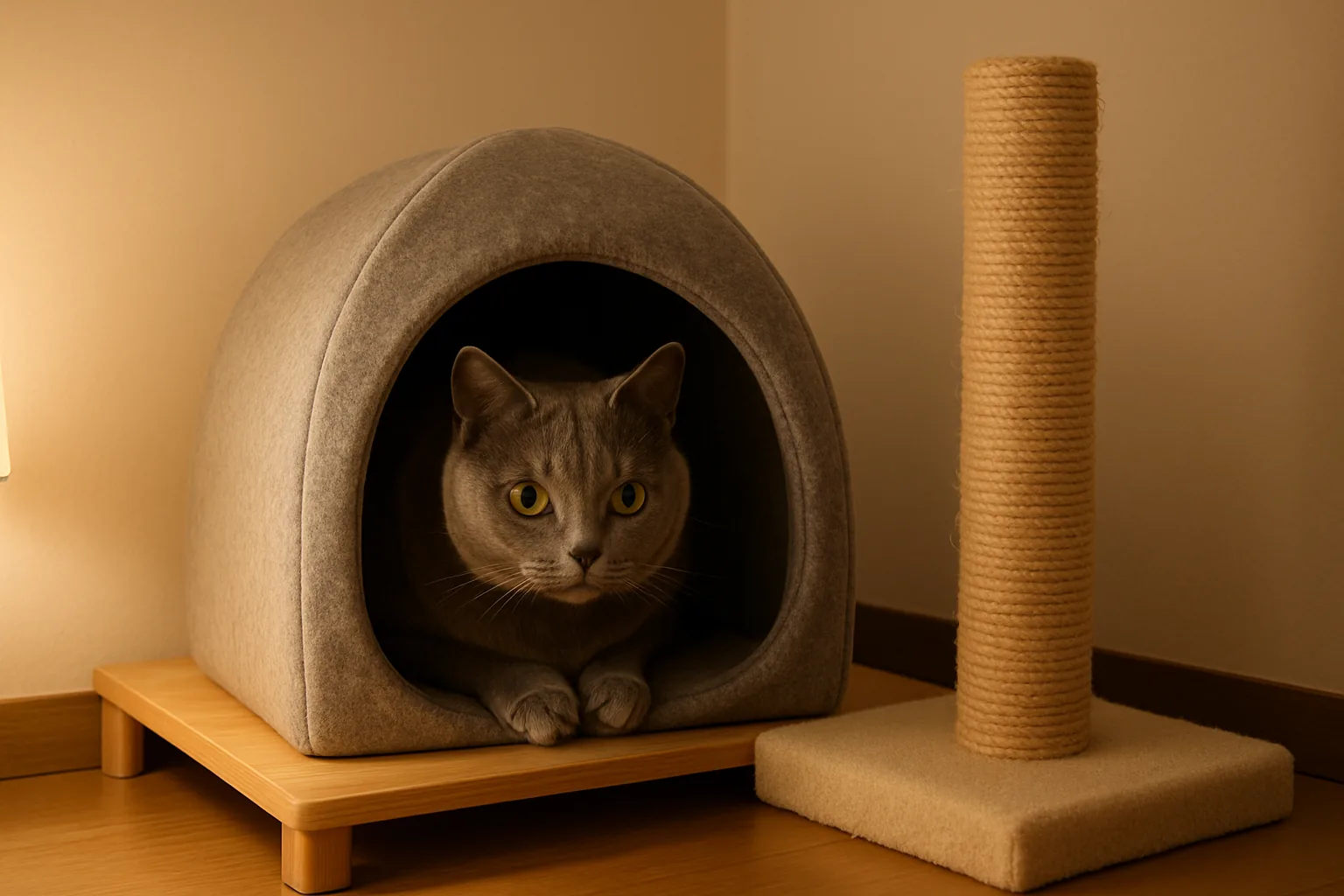 A grey cat crouched inside a soft covered cat bed on a low wooden platform, beside a freestanding sisal scratching post in a quiet dim room.