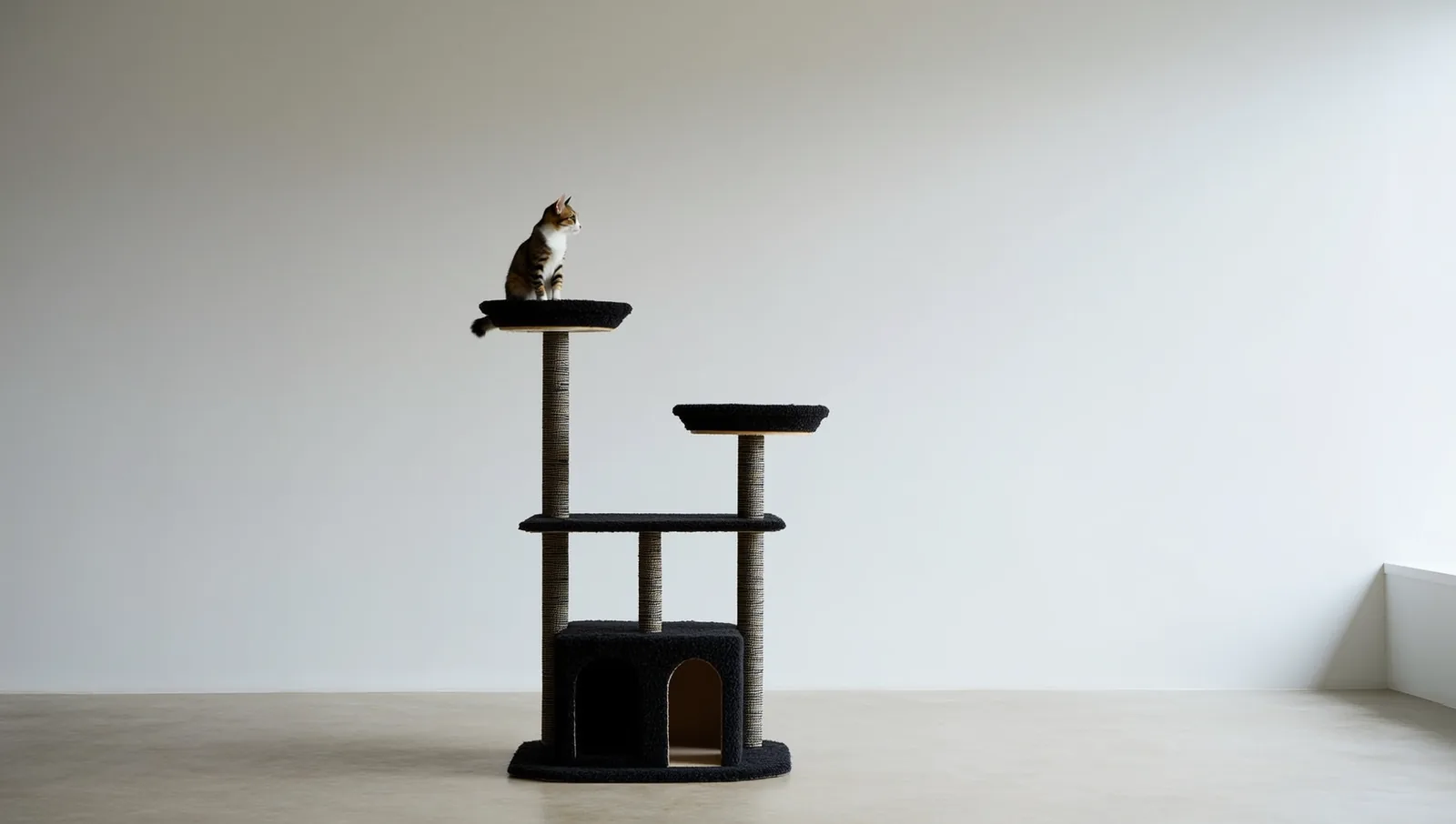 A cat sitting on the top platform of a tall freestanding carpeted cat tower with three staggered levels on sisal-wrapped posts.